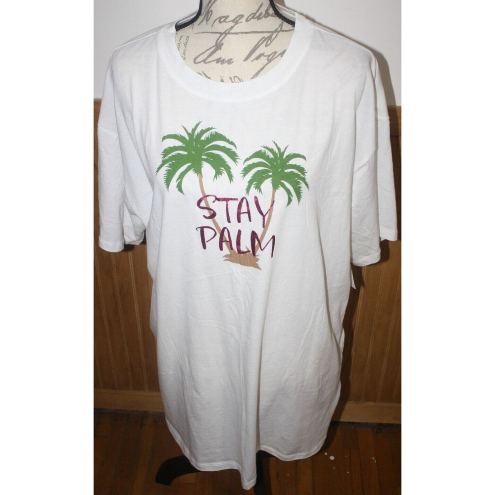 New York & Company SS T-Shirt Sz XL White Stay Palm Tree Cotton Tee Unisex NWT